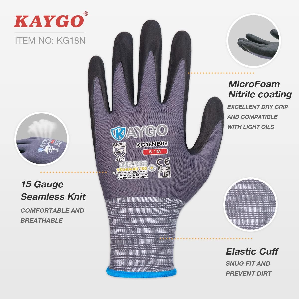 Safety Work Gloves MicroFoam Nitrile Coated, 3 Pairs KG18NB,Seamless Knit Nylon Glove for Men and Women, Ideal for Automotive,Warehouse,Construction