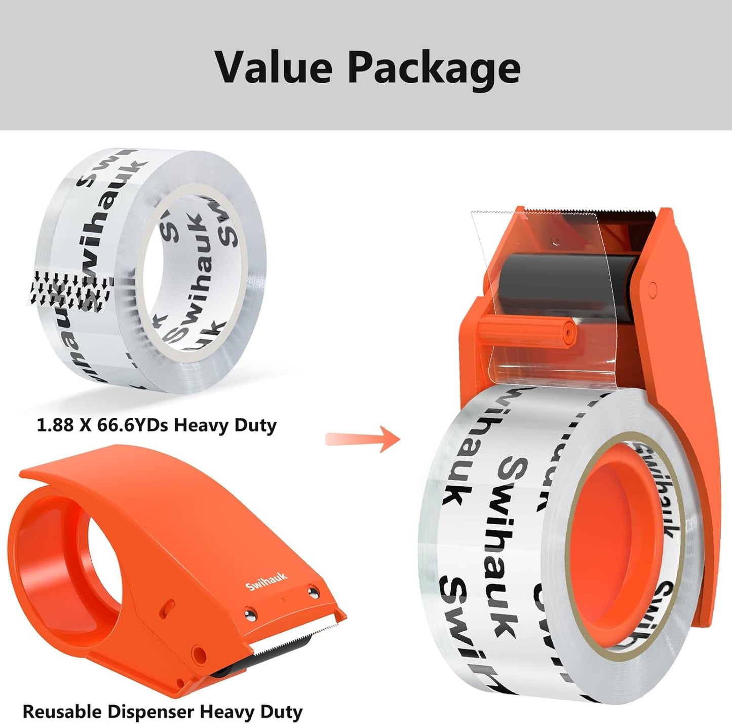 1.88 in x 66.6 YDs Clear Heavy Duty Packing Tape with Dispenser, Strong & Durable Shipping Tape