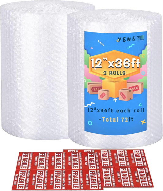 Nylon Bubble Cushioning Rolls 72 ft 12 Inch width Packing Materials 3/16" AIR Bubble Perforated every 12" wrap 20 bonus Fragile Stickers
