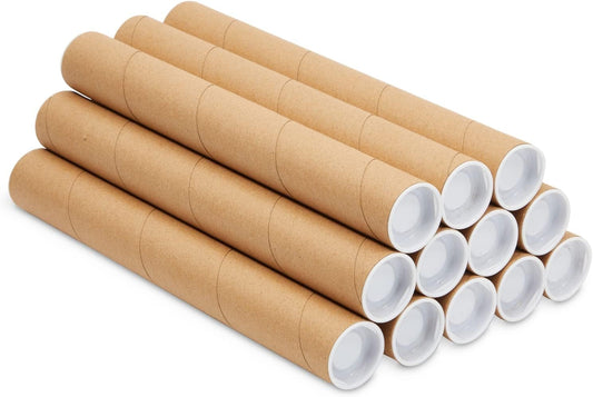 12-Pack Mailing Tubes with Caps, 1.5x12-Inch Kraft Paper Poster Tube for Shipping, Packing, Bulk Round Packaging, Cardboard Mailers, Art Prints, Maps, Blueprint (Brown)