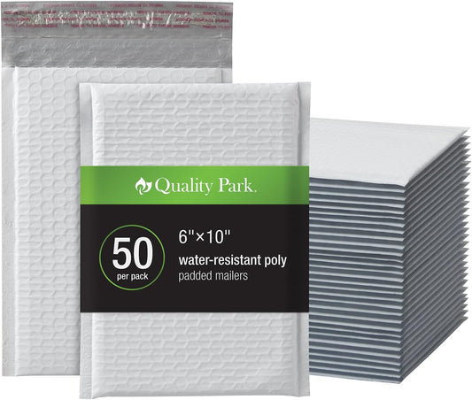 Quality Park Bubble Mailers, 6 x 9 Inch, White Poly Mailers, Padded Envelopes, Shipping Envelopes, Water Resistant, Self Seal, 50 Per Box