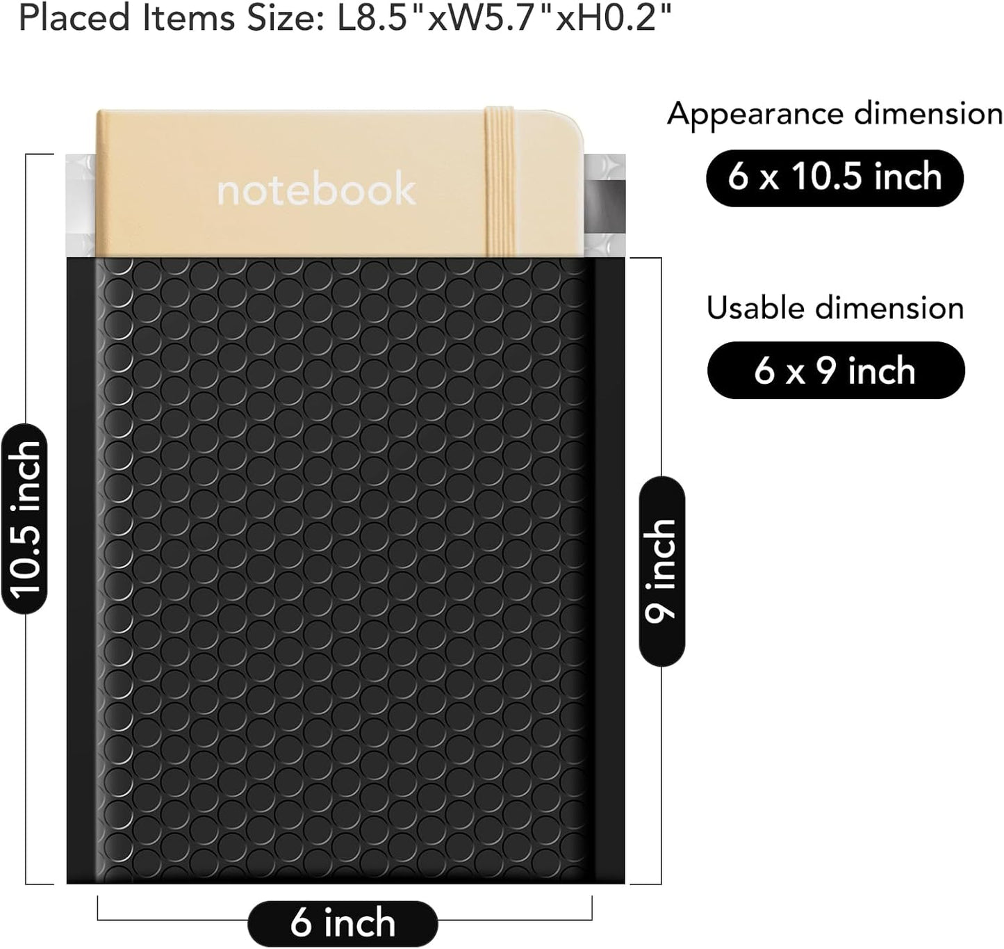 Bubble Mailers 6x10" 100 Pack Black Padded Envelopes Usable Size 6x9"