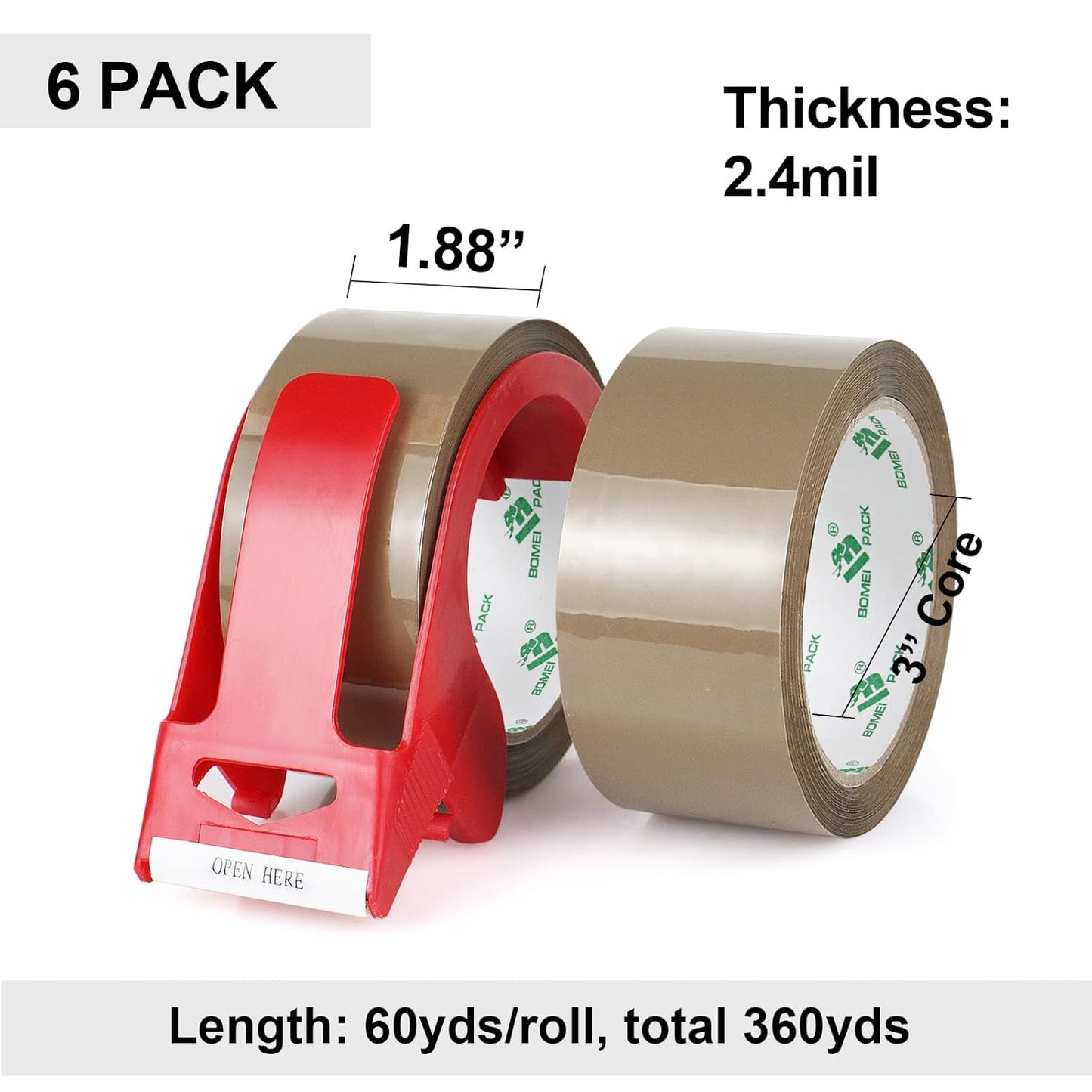 Brown Packing Tape with Dispenser, 2.4 Mil 1.88 Inch x 60 Yards, 6 Refills Rolls Packaging Tape for Moving, Shipping and Storage