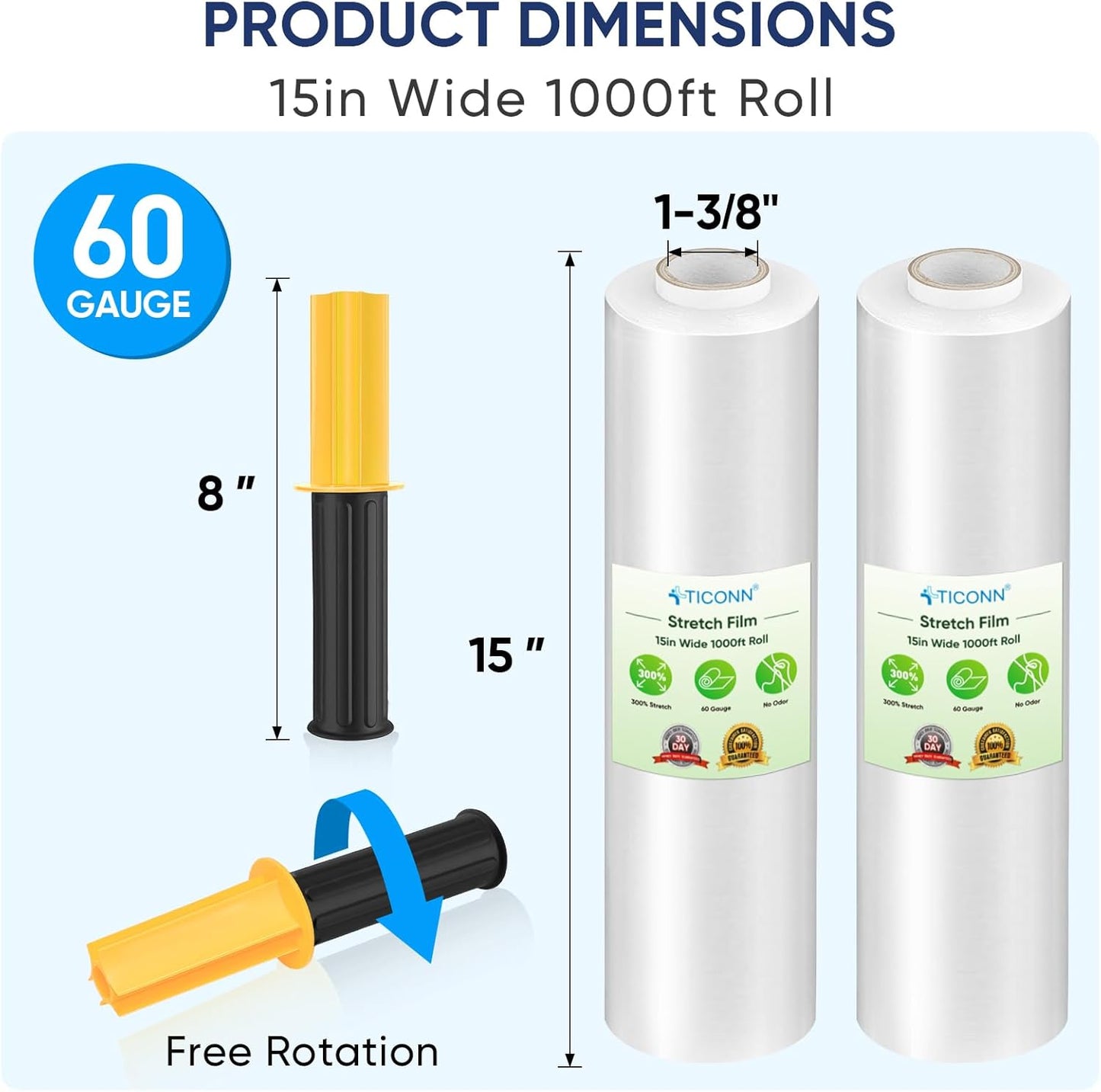 Stretch Wrap Stretch Film Roll, 1000ft Industrial Strength 15 inch Wide Clear Plastic Wrap with Handles for Pallet Wrapping Shipping Moving